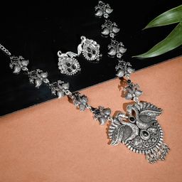 Silvermerc Designs Oxidised Silver-Plated & Stone-Studded Peacock Jewellery Set-picture-11