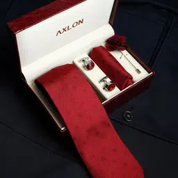 AXLON Men Polka Dotted Design Tie Set With Pocket Square-Cufflink & Flower Pin-11