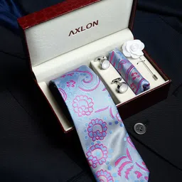 AXLON Set Of 4 Printed Necktie Pocket Square With Cufflink & Flower Pin Accessory Gift Set-16