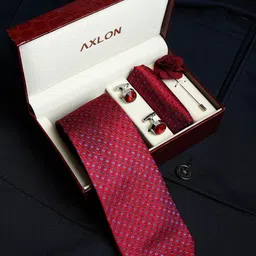 AXLON Men Micro Dotted Design Tie Set With Pocket Square-Cufflink & Flower Pin-17
