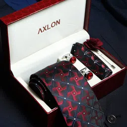 AXLON Men Printed Tie Set With Pocket Square, Cufflink & Flower Pin-20