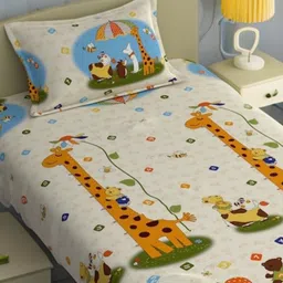 Bajo's Cream Coloured & Mustard Conversational 210 TC Single Bedsheet With Pillow Cover-18