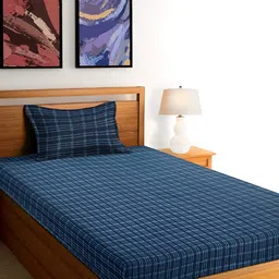 Arrabi Blue & Navy Blue Geometric Cotton 300 TC Single Bedsheet With 1 Pillow Cover-image-112