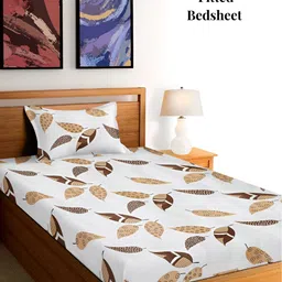 Arrabi Cream-Coloured & White Ethnic Motifs 300 TC Fitted Single Bedsheet & 1 Pillow Cover-5