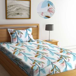 Arrabi White & Blue Floral 300 TC Single Bedsheet with 1 Pillow Covers-51