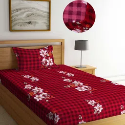 Arrabi Red & Pink Floral 300 TC Single Bedsheet with 1 Pillow Cover-picture-23