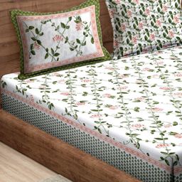 Rajasthan Decor White & Green Floral 210 TC King Bedsheet with 2 Pillow Covers-image-95