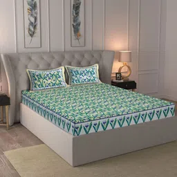 Rajasthan Decor Lime Green & Green Floral 180 TC King Bedsheet with 2 Pillow Covers-image-86