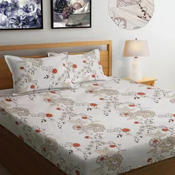 FABINALIV Cream & Orange Floral 300 TC Fitted King Bedsheet With 2 Pillow Covers-19