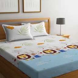 FABINALIV White & Blue Conversational 300 TC King Bedsheet with 2 Pillow Covers-37
