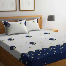 FABINALIV White & Blue Conversational 300 TC King Bedsheet with 2 Pillow Covers-24