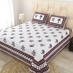 JAIPUR FABRIC White & Brown Ethnic Motifs Cotton Flat Queen Bedsheet with 2 Pillow Covers-image-91