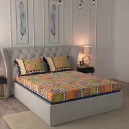 JAIPUR FABRIC Brown & Green Ethnic Motifs 300 TC Queen Bedsheet with 2 Pillow Covers-image-46
