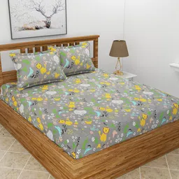 BREVARD Grey & Yellow Cartoon Characters 210 TC Queen Bedsheet With 2 Pillow Covers-picture-10