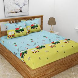 BREVARD Yellow & Blue Cartoon Characters 210 TC Queen Bedsheet With 2 Pillow Covers-image-83