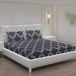 Moca By Monte Carlo Grey & White Geometric 120 TC Queen Bedsheet with 2 Pillow Covers-image-63