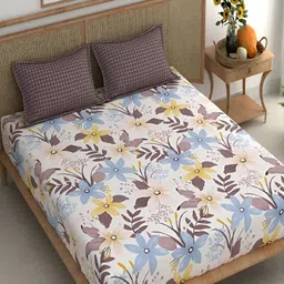 Srijee Decors Bronze Toned & White Floral 210 TC Fitted King Bedsheet With 2 Pillow Covers-image-28