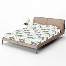 Divine Casa Cream-Coloured Floral Cotton 144 TC Fitted Queen Bedsheet with 2 Pillow Covers-image-85