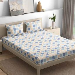 wakefit Peach-Coloured & Blue Geometric Cotton 144 TC Queen Bedsheet With 2 Pillow Covers-image-71