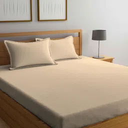 Arrabi Cream-Coloured Striped 300 TC King Bedsheet with 2 Pillow Covers-99