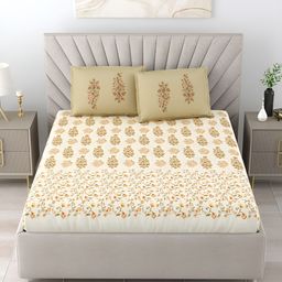 Salona Bichona Beige & Green Floral 300 TC King Bedsheet with 2 Pillow Covers-image-57