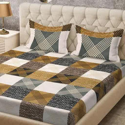 KLOTTHE Khaki & Grey 300 TC Fitted Super King Double Bedsheet with 2 Pillow Covers-image-44