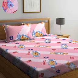 KLOTTHE Pink & White 300 TC Cotton Blend Fitted Double Bedsheet with 2 Pillow Covers-image-135