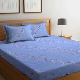 KLOTTHE Blue & White Floral Pure Cotton 400 TC Double Bedsheet With 2 Pillow Covers-picture-21