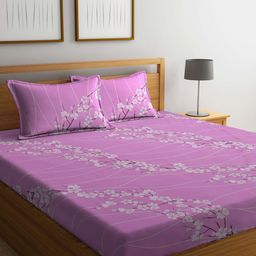 KLOTTHE Purple & White Floral Pure Cotton 400 TC Double Bedsheet With 2 Pillow Covers-image-34