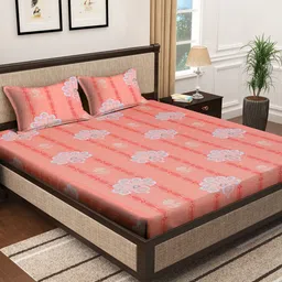 KLOTTHE Peach Printed 400 TC Pure Cotton Double King Bed Bedsheet with 2 Pillow Covers-image-77