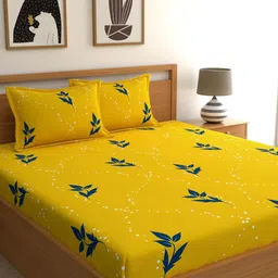 Home Ecstasy Yellow & Blue Floral 140TC Cotton 1 King Bedsheet With 2 Pillow Covers-picture-9