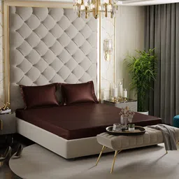 Stoa Paris Coffee Brown 300 TC Fitted King Satin Bedsheet with 2 Pillow Covers-image-13