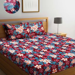 Arrabi Maroon & Blue Floral 300 TC King Bedsheet with 2 Pillow Covers-image-105