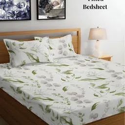 Arrabi Cream-Coloured & Green Floral 300 TC Fitted King Bedsheet with 2 Pillow Covers-88