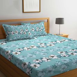 Arrabi Green & White Floral Printed 300 TC King Size Fitted Bedsheet with 2 Pillow Covers-image-80