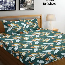 Arrabi Green & Orange Floral 300 TC Fitted King Bedsheet with 2 Pillow Covers-image-27