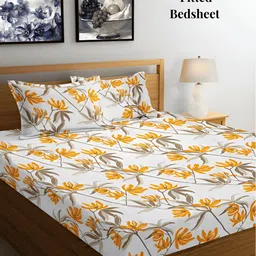 Arrabi White & Orange Floral 300 TC Fitted King Bedsheet with 2 Pillow Covers-image-49
