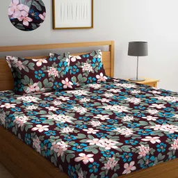 Arrabi Blue & Green Floral 300 TC King Size Fitted Bedsheet With 2 Pillow Covers-image-80
