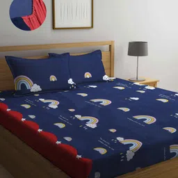 Arrabi Blue Cartoon Characters 300 TC King Size Fitted Bedsheet with 2 Pillow Covers-17