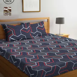 Arrabi Set Of 2 Navy Blue & Brown Geometric 300 TC 2 King Bedsheet with 4 Pillow Covers-66