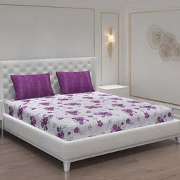Moca By Monte Carlo White & Purple Floral 104 TC 2 Queen Bedsheet with 4 Pillow Covers-image-53
