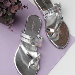 Vishudh Women Silver Printed One Toe Flats with Bows-12