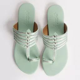 Sole House Women Sea Green Woven Design One Toe Flats-image-6