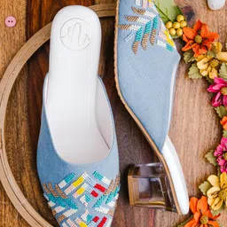 NR By Nidhi Rathi Blue Embroidered Block Mules-picture-35