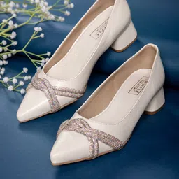 Truffle Collection Embellished Suede Block Heel Pumps-16