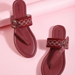 Mast & Harbour Women Burgundy & White Woven Design Open Toe Flats with Buckles-image-16