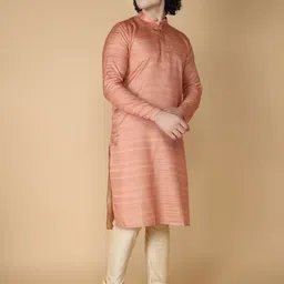 NAMASKAR Striped Band Collar Long Sleeves Kurta With Churidar-12