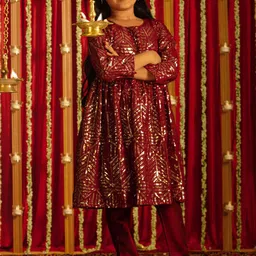 VASTRAMAY Girls Embroidered Regular Sequinned Kurti with Churidar-image-14