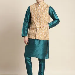 SOJANYA Men Teal Ethnic Motifs Embroidered Thread Work Kurta with Churidar-1