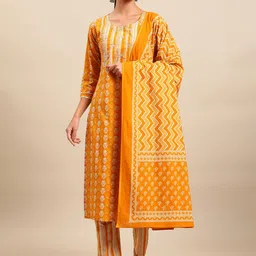 Sangria Women Ethnic Motifs Printed Pure Cotton Kurta with Trousers & With Dupatta-18